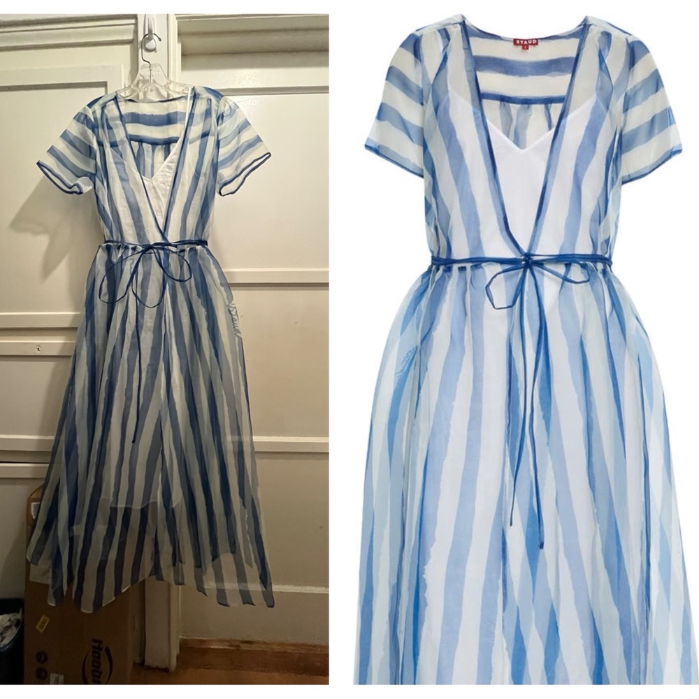 STAUD Blue and White Striped Sheer Midi Dress NWT - Picture 2 of 16